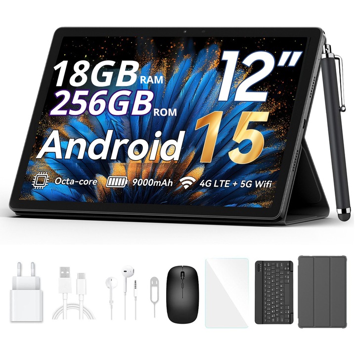 Tableta Blackview MEGA 2, Android 15, 18 GB+ 256 GB, ecran 12" 2K FHD+, 9000 mAh, Stylus, Tastatura inclusa, Dual SIM Standby, Versiunea Setului Combo, Albastru ceresc