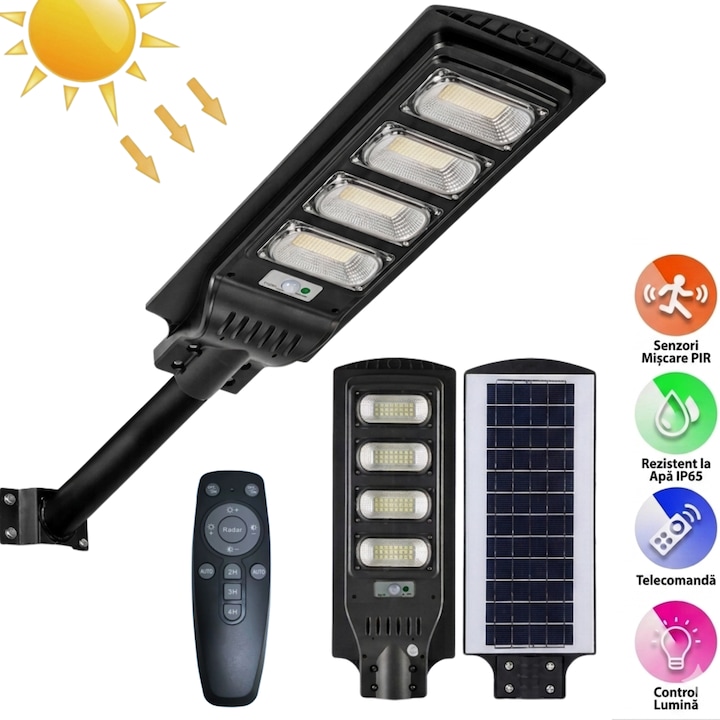 Lampa Stradala Solara Infiniteea™️, LED 400W, 20000 Lumeni, 600 LED-uri, Acumulator 12000mAh, Senzor de Miscare si Lumina, Autonomie 30h, Protectie IP65, Panou Solar Inclus, Telecomanda si Suport de Prindere Inclus, Negru