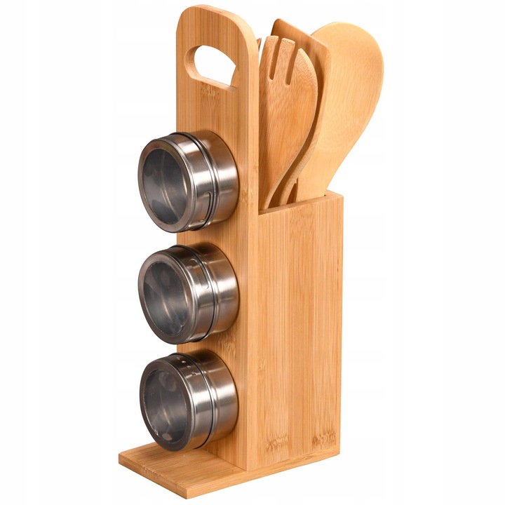 Set ustensile de bucatarie, Kesper, 7 elemente, bambus, suport pentru condimente, 8,5x13,5x32cm, culoare maro