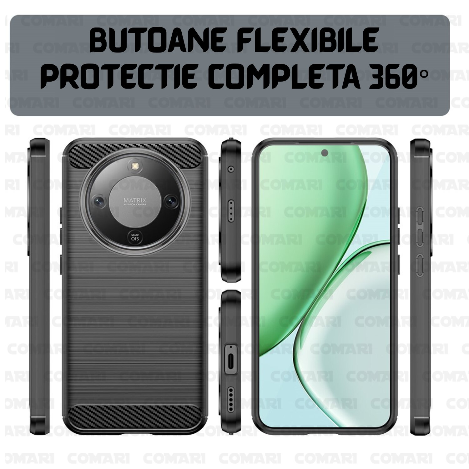 Husa pentru Honor Magic8 Lite Comari® CarbonTouch, protectie completa, silicon premium, finisaj carbon, Negru