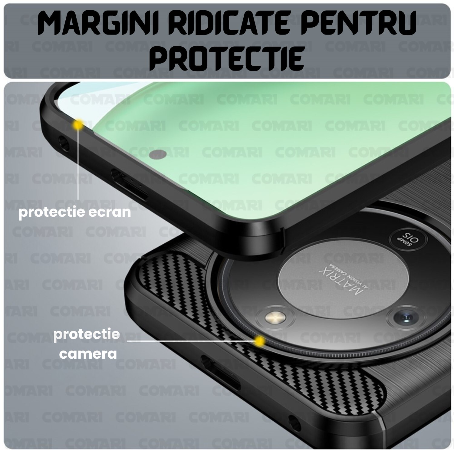 Husa pentru Honor Magic8 Lite Comari® CarbonTouch, protectie completa, silicon premium, finisaj carbon, Negru