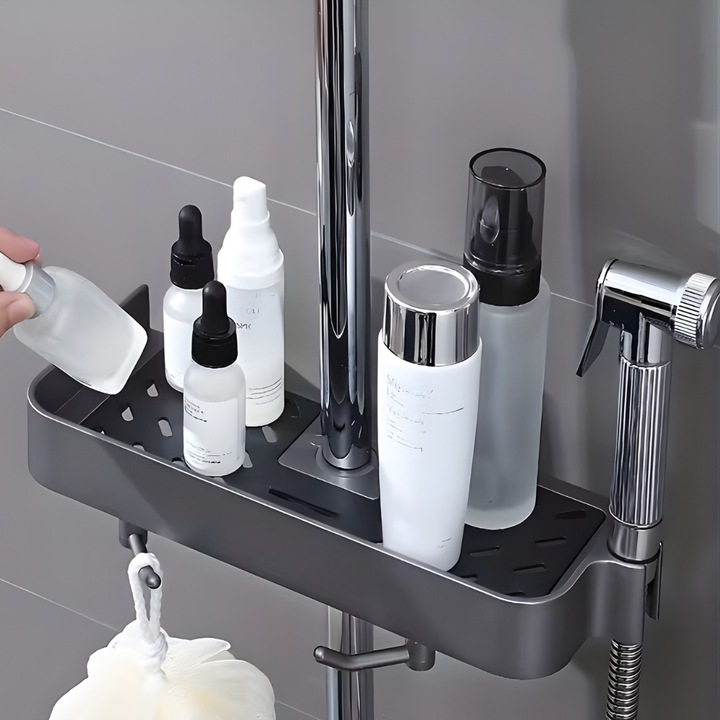 Topaqua® Zuhany és Fürdőszoba Rendezős Tartó, Fúrás Nélküli Rögzítés, Akasztókkal, Zuhanytartó, 27.5 cm, Sötétszürke