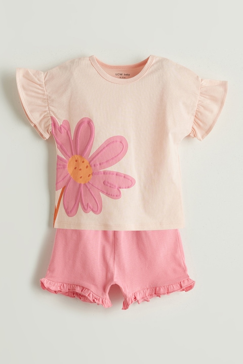 LC WAIKIKI, Set de pantaloni scurti cu model floral si tricou din bumbac - 2 piese, Roz pastel/Piersica, 62-68 CM