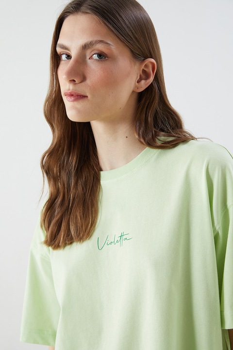 LC WAIKIKI, Tricou supradimensionat din bumbac cu imprimeu text discret, Verde pal