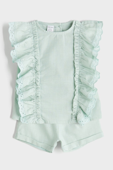 LC WAIKIKI, Set de pantaloni scurti si tricou cu volane - 2 piese, Verde pal