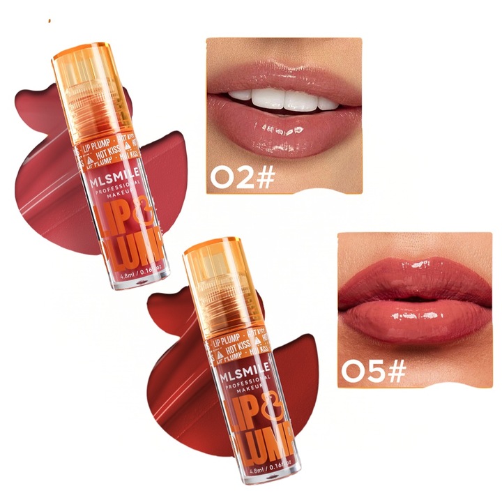 Set 2 x Luciu de Buze MLSMILE Lip Plump, Efect de Marire si Volum Instant 40%, Combo Nuante Naturale si Vibrante, Gloss Hidratant, Non-Sticky, 2 x 4.8ml