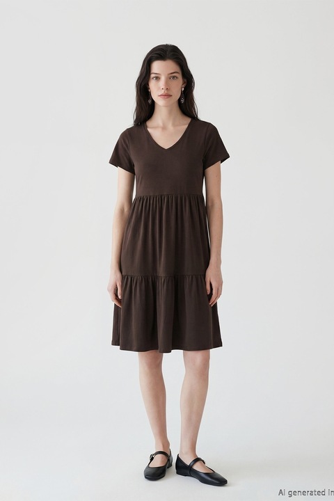LC WAIKIKI, Rochie de bumbac cu aspect stratificat, Maro inchis