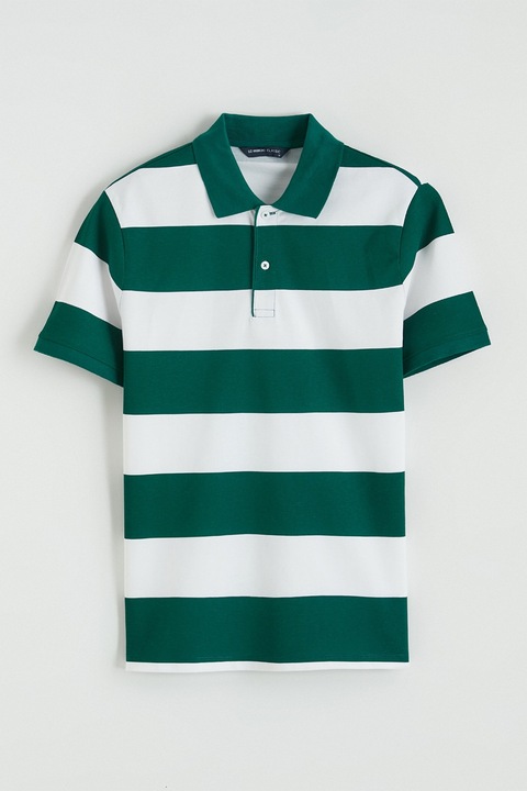 LC WAIKIKI, Tricou polo din bumbac cu model in dungi, Alb/Verde
