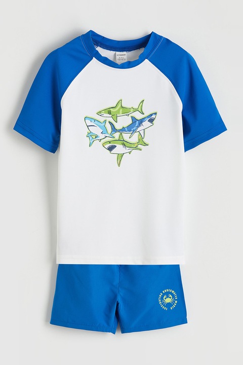 LC WAIKIKI, Costum de baie cu maneci raglan si imprimeu rechin, Alb/Albastru