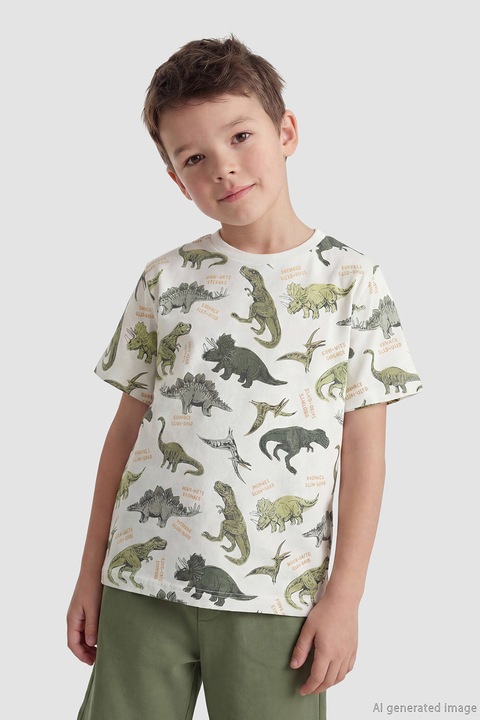 LC WAIKIKI, Set de tricou cu imprimeu dinozaur si pantaloni scurti - 2 piese, Alb/Verde masliniu inchis