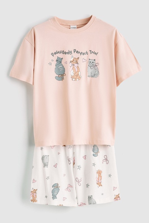 LC WAIKIKI, Pijama cu pantaloni scurti si imprimeu pisici, Alb/Roz deschis