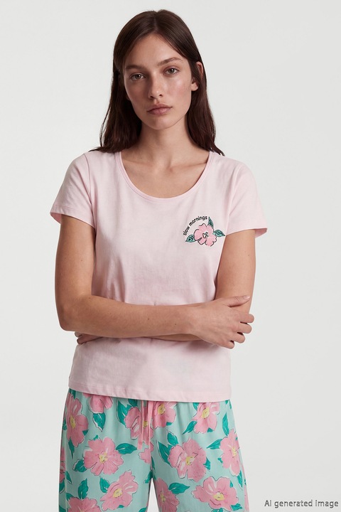 LC WAIKIKI, Pijama de bumbac cu imprimeu grafic, Turcoaz/Roz pastel