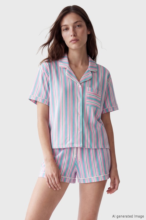 LC WAIKIKI, Pijama cu dungi si maneci scurte, Turcoaz inchis/Roz