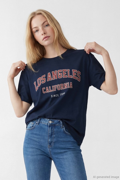 LC WAIKIKI, Tricou de bumbac cu model text, Visiniu/Bleumarin