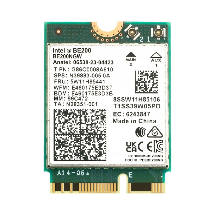 Адаптер Wi-Fi Intel BE200NGW, M.2 2230, Wi-Fi 7 (802.11be) 6GHz, до 8774 Mbps, MU-MIMO и OFDMA, Зелен, 1 бр.