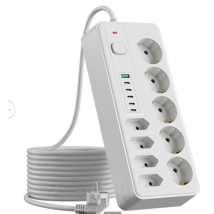 Hosszabbító kapcsolóval, Ultrixe, 5 Type-C aljzat, 1 USB port, fehér, 2m