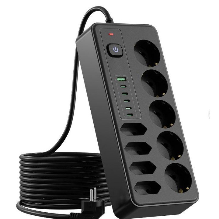 Ultrixe elosztó, 11 aljzat, 5 Type-C port, 1 USB port, 2m, Fekete
