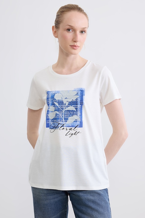 LC WAIKIKI, Tricou de bumbac cu imprimeu text si floral, Alb/Gri/Albastru