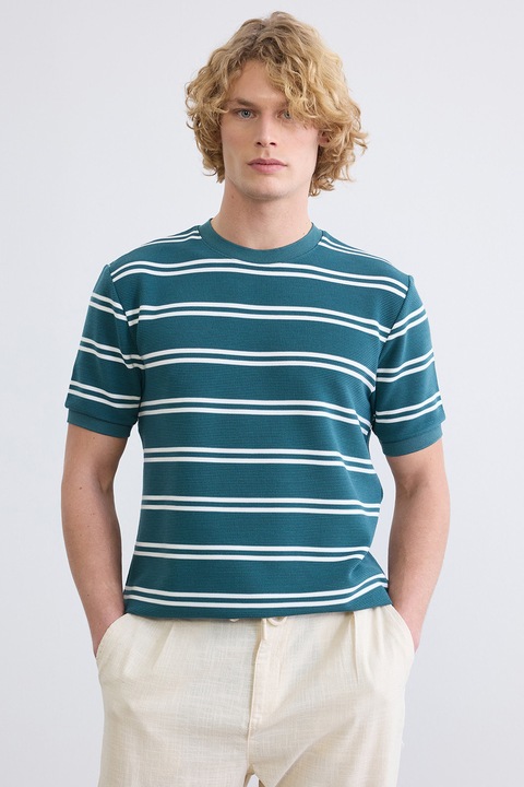 LC WAIKIKI, Tricou regular-fit cu dungi, Alb/Albastru petrol