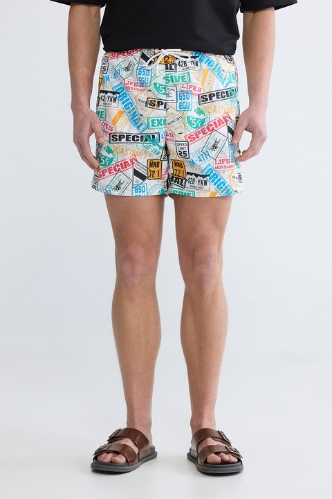 LC WAIKIKI, Pantaloni scurti de baie cu imprimeu text, Alb/Portocaliu/Albastru