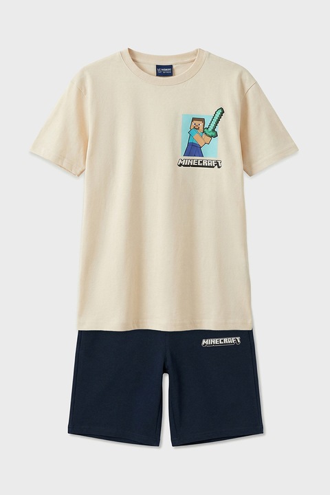 LC WAIKIKI, Set de tricou si pantaloni scurti cu tematica Minecraft - 2 piese, Albastru ultramarin/Bej