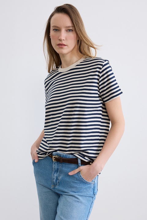 LC WAIKIKI, Tricou de bumbac cu dungi, Alb fildes/Bleumarin