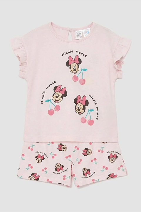 LC WAIKIKI, Set de pantaloni scurti si tricou cu imprimeu grafic Minnie Mouse - 2 piese, Roz aprins/Roz pastel/Verde persan