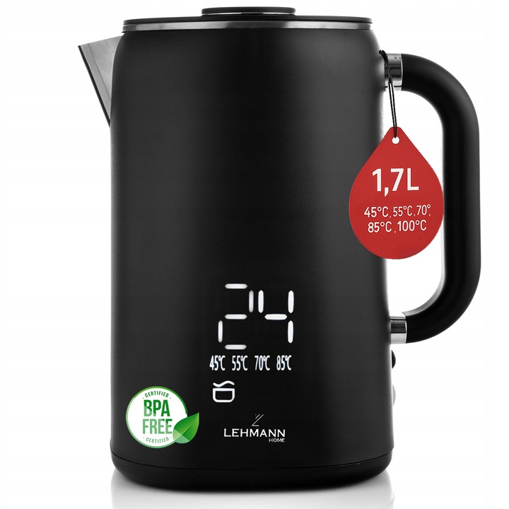 Lehmann Aqua Black 20 elektromos vízforraló, 1,7L, 1500W, 5 hőmérsékletfokozat, rozsdamentes acél, 23x21x14,5cm