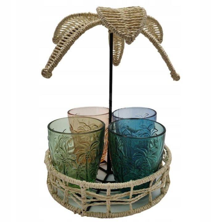 Pohárkészlet 300 ml, rattan tartóval, pálmafa mintával, többszínű, 22x22x27,5 cm