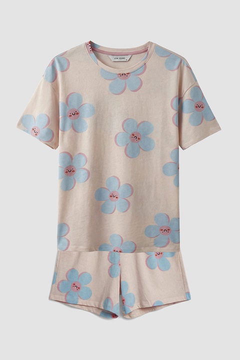 LC WAIKIKI, Pijama de bumbac cu pantaloni scurti si model floral, Albastru lavanda/Piersica/Roz prafuit