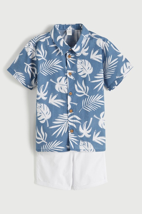 LC WAIKIKI, Set de pantaloni scurti si camasa cu model - 2 piese, Alb/Albastru lavanda
