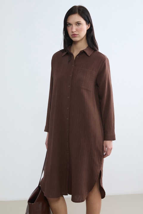 LC WAIKIKI, Rochie-camasa texturata cu guler clasic, Maro