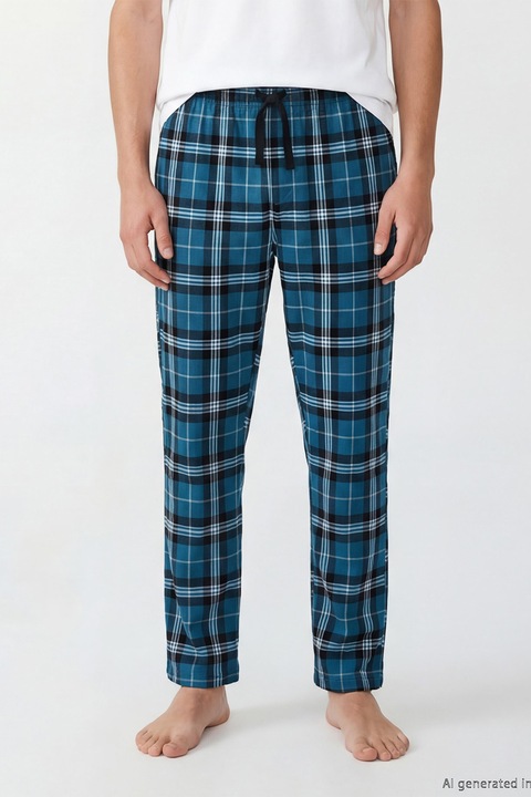 LC WAIKIKI, Pantaloni de pijama cu model in carouri, Alb/Albastru ultramarin/Albastru