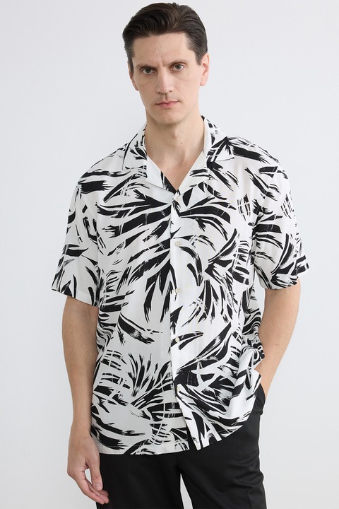 LC WAIKIKI, Camasa cu maneci scurte si imprimeu tropical, Alb/Negru, XL