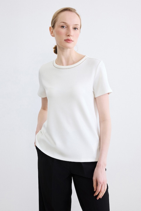 LC WAIKIKI, Tricou cu model uni si decolteu cu decoratiuni, Alb murdar