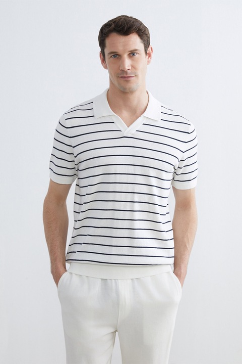 LC WAIKIKI, Tricou polo cu model in dungi, Alb/Bleumarin