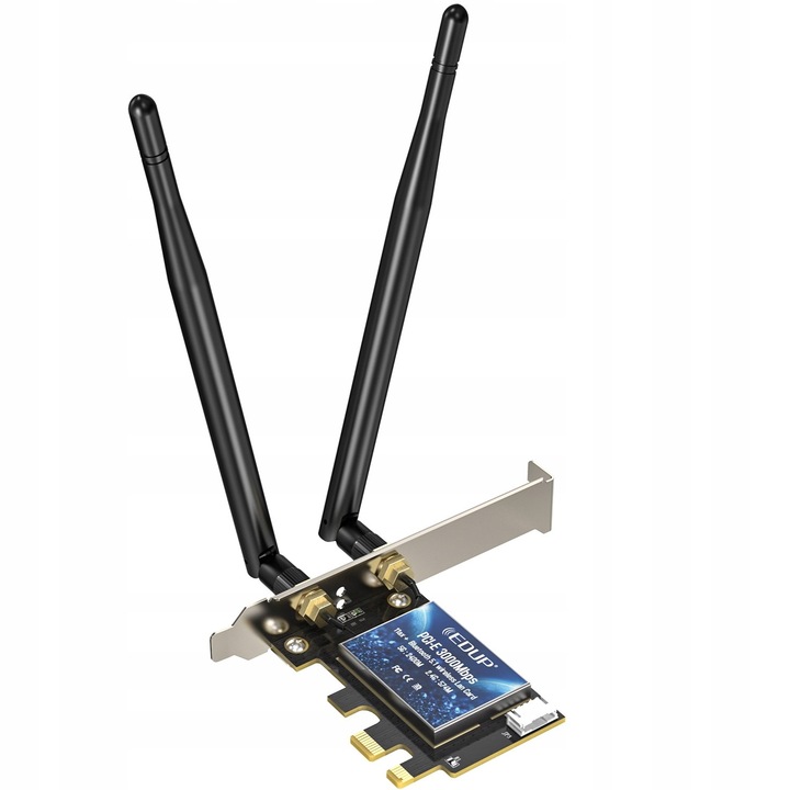 PCI-E мрежова карта EDUP EP-9636, WiFi 6 адаптер с Bluetooth 5.1, чипсет Intel AX200, 2x антена, двубандов 2.4/5 GHz, до 3000 Mb/s, Черен, 1 бр