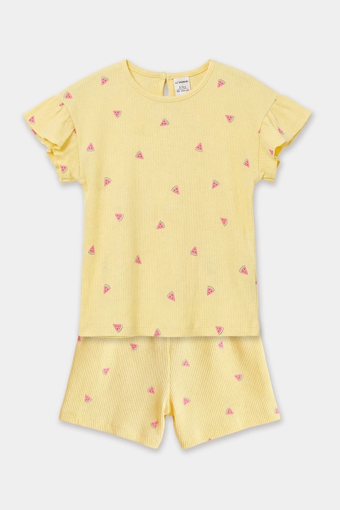 LC WAIKIKI, Set de tricou si pantaloni scurti din bumbac cu imprimeu - 2 piese, Roz deschis/Galben deschis