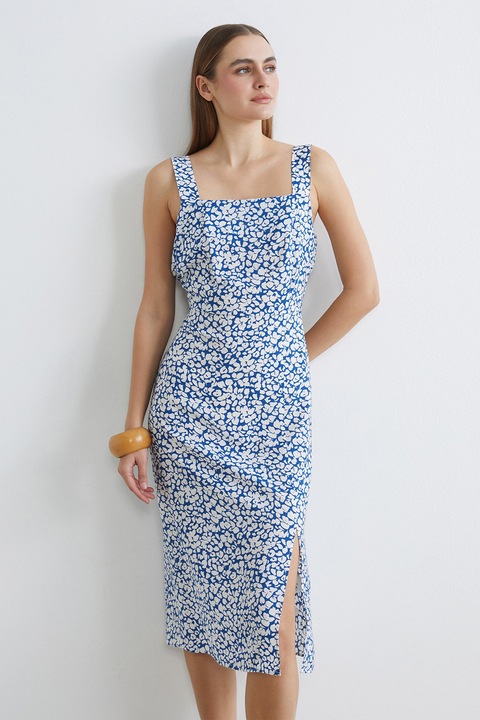 LC WAIKIKI, Rochie cu croiala dreapta, model si slit lateral, Alb/Albastru deschis