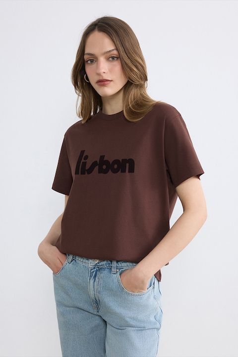 LC WAIKIKI, Tricou lejer cu imprimeu text, Maro inchis/Maro cognac