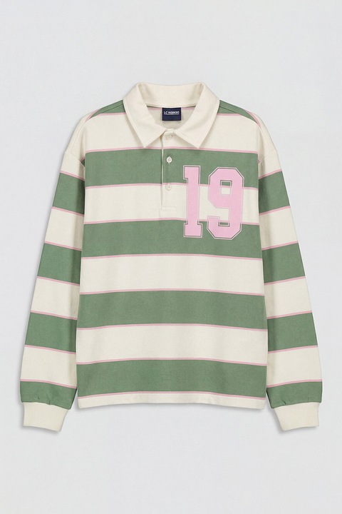 LC WAIKIKI, Bluza polo cu dungi, Verde stins/Crem