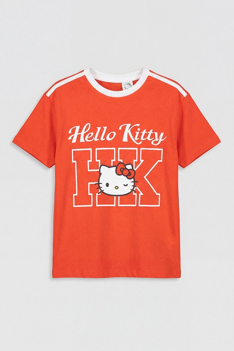 LC WAIKIKI, Tricou din bumbac cu tematica Hello Kitty, Alb optic/Rosu vermillion