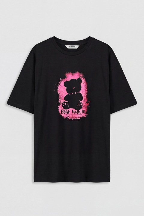 LC WAIKIKI, Tricou cu imprimeu text, Negru/Roz