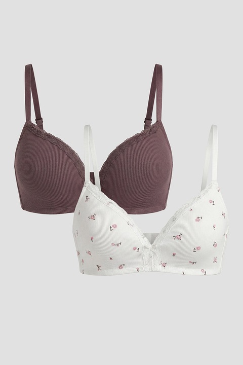 LC WAIKIKI, Set de sutiene striate - 2 piese, Alb/Roz deschis/Violet tyrian