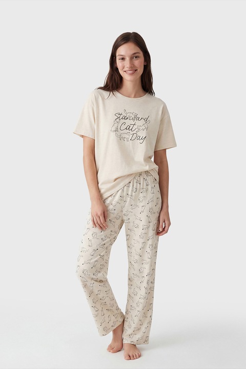 LC WAIKIKI, Pijama lunga cu imprimeu cu pisica, Negru stins/Bej deschis