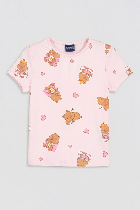 LC WAIKIKI, Pijama scurta cu model cu capybara, Roz pastel/Caramel