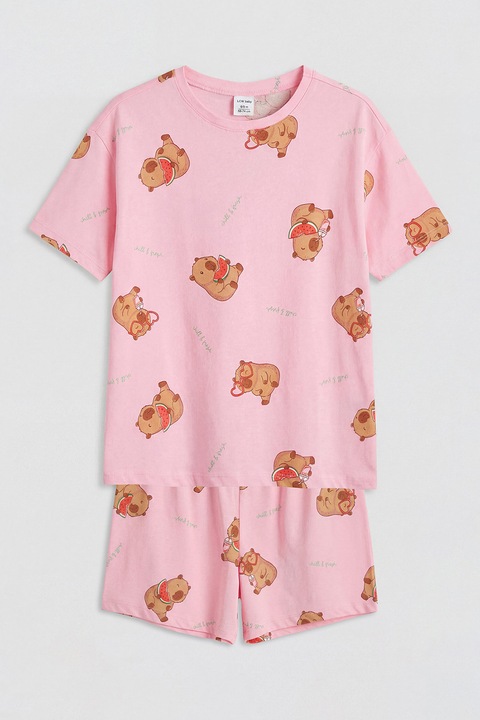 LC WAIKIKI, Pijama scurta cu model cu capybara, Coral/Roz deschis/Maro deschis