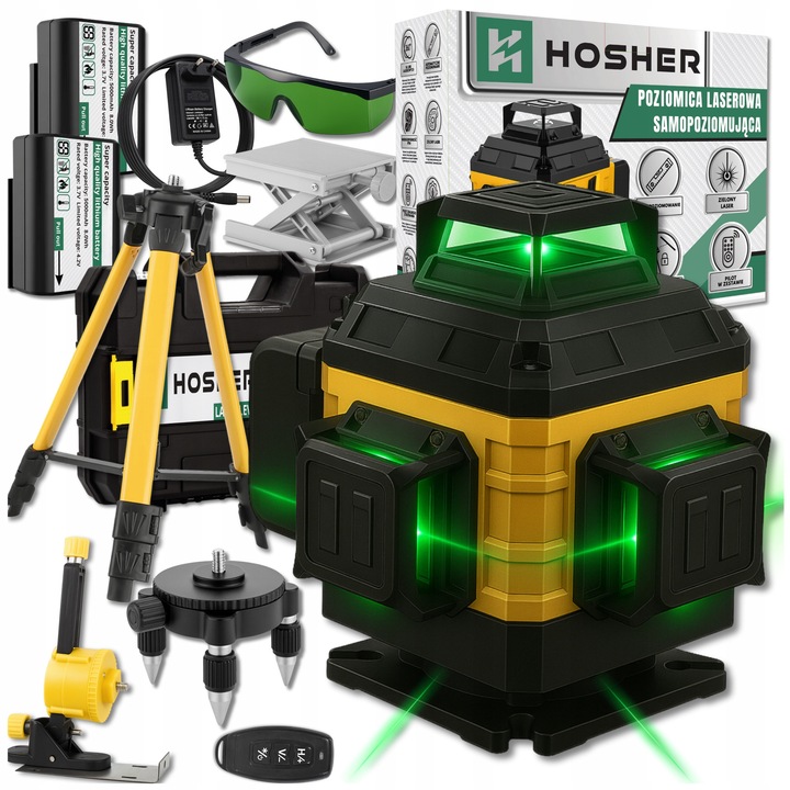 Nivela laser 4D HOSHER, 16 linii, verde, cu stativ telescopic, set complet