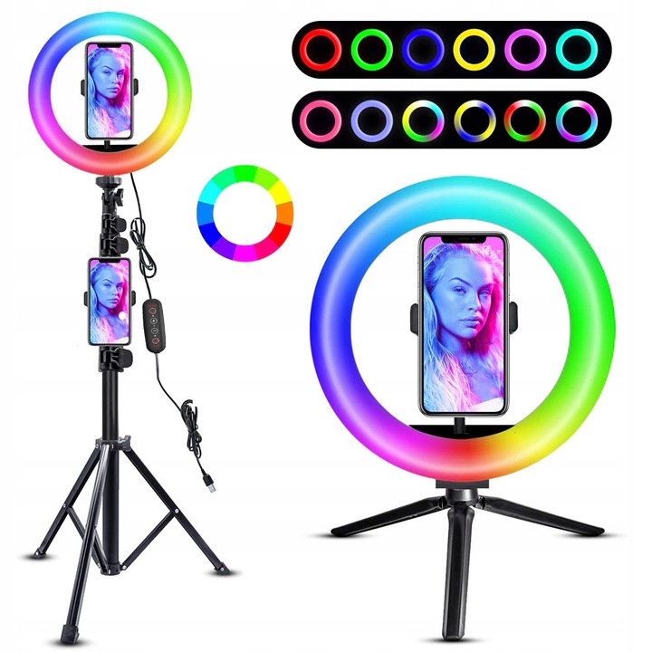 Лампа ринг 120W LED RGB, Sternhoff, с голям статив 210см и мини статив, бял