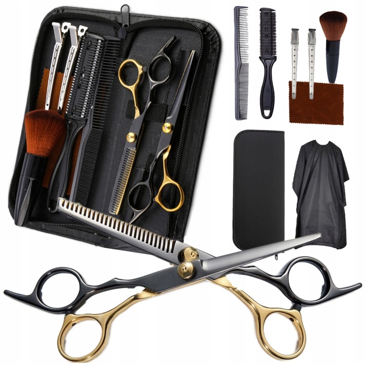 Set 10 piese, ustensile frizerie, foarfeci pentru tuns si filat, din otel inoxidabil, ergonomice, cu etui si pelerina, Negru